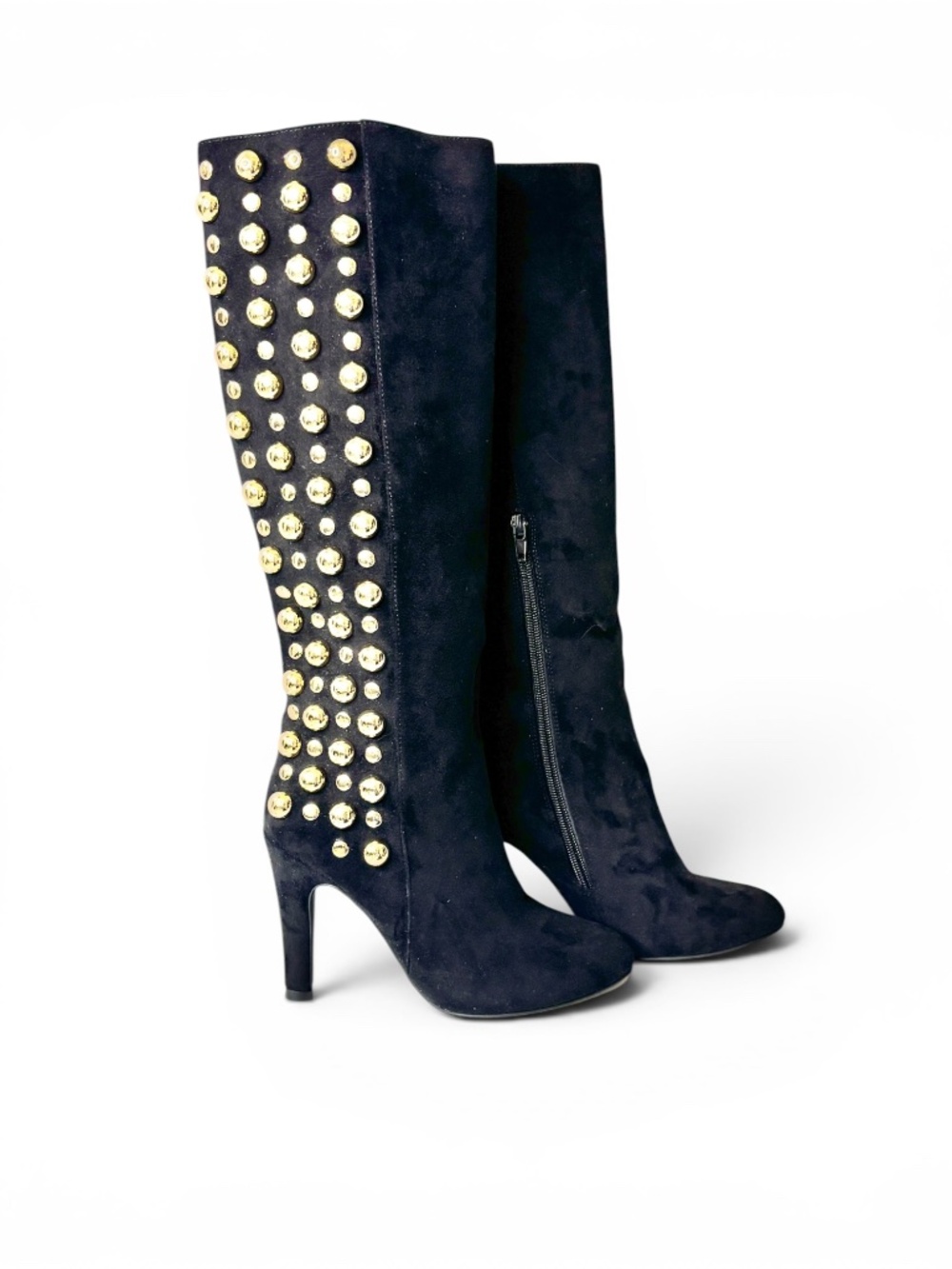 Jeffrey Campbell "Big Stud" Black Suede Gold Studded Statement Knee-High Boots